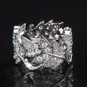 Bling White Diamond Leaf Crystal Clear Zircon Silver Rings for Women, INDN8507